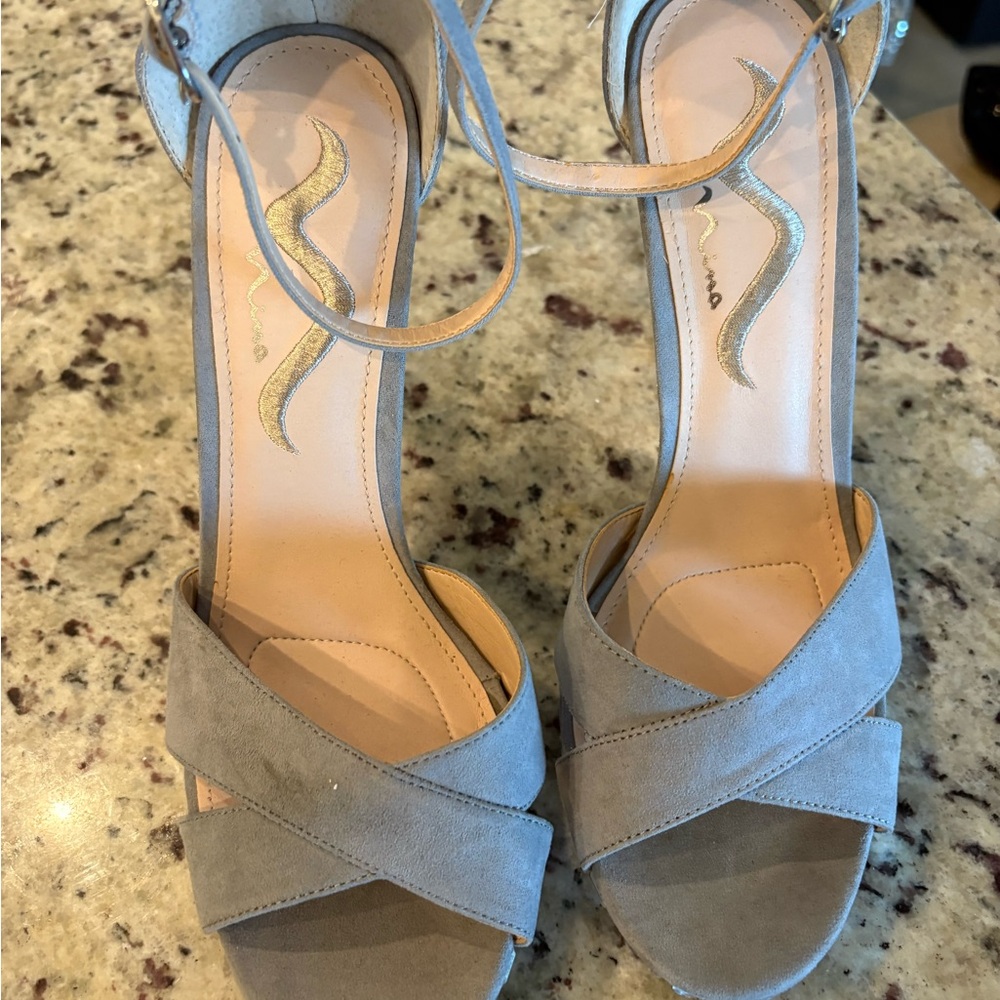 Nina Taupe Suede Crisscross Heels